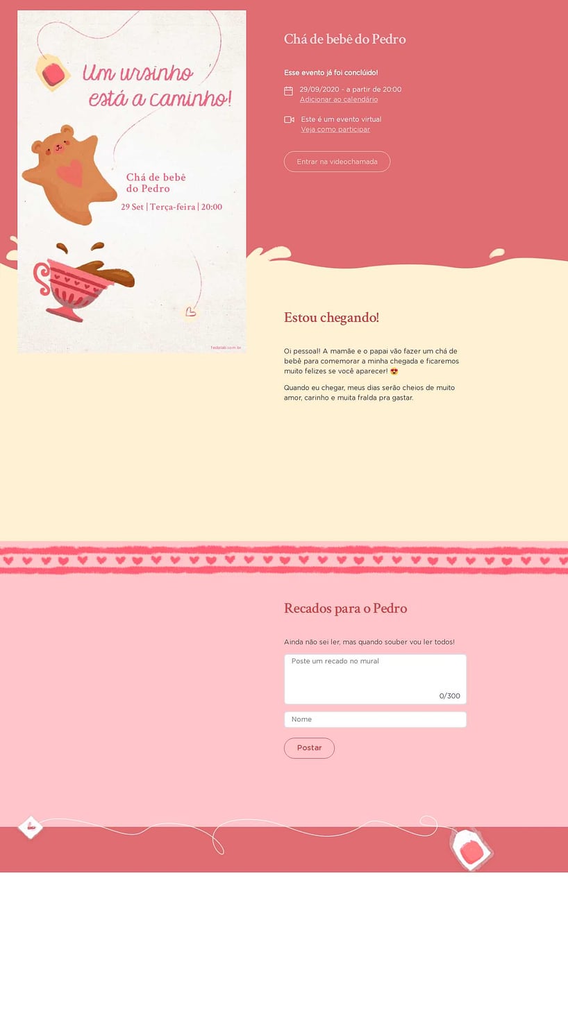 Convite Online Chá de bebê - Chá do Ursinho Rosa | FestaLab