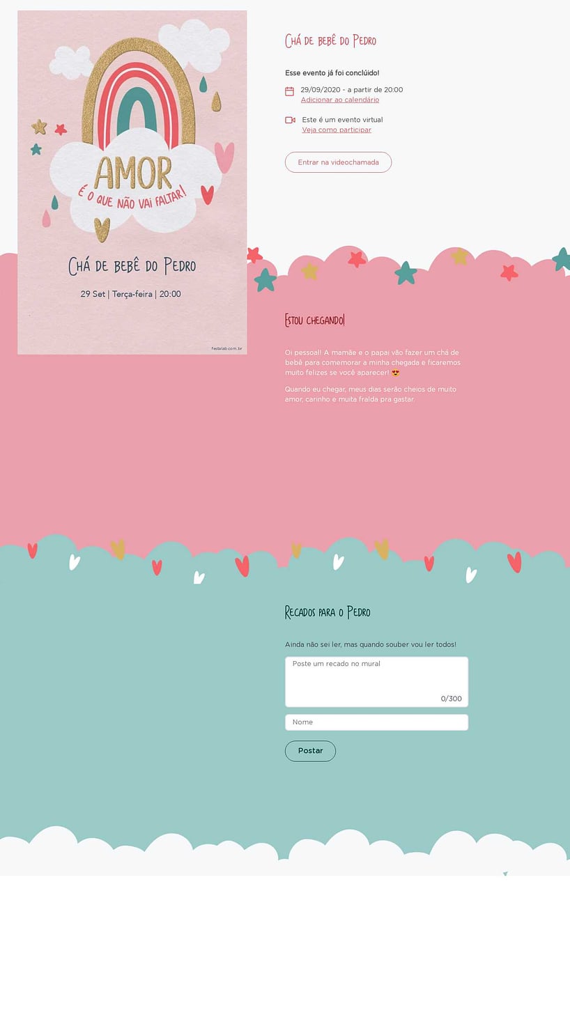 Convite Online Chá de bebê - Chuva de Amor Céu Rosa | FestaLab