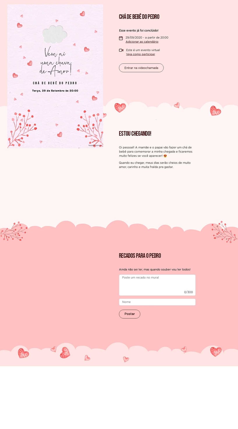 Convite Online Chá de bebê - Chuva de Amor Rosa Chiclete | FestaLab