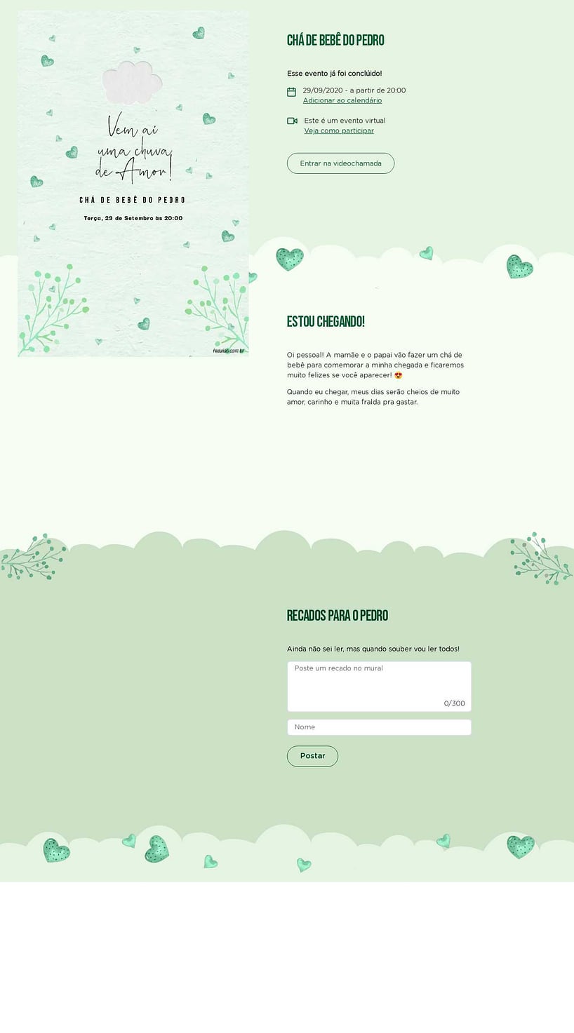 Convite Online Chá de bebê - Chuva de Amor Verde Água | FestaLab