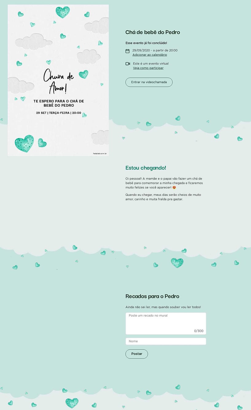Convite Online Chá de bebê - Chuva de Corações | FestaLab