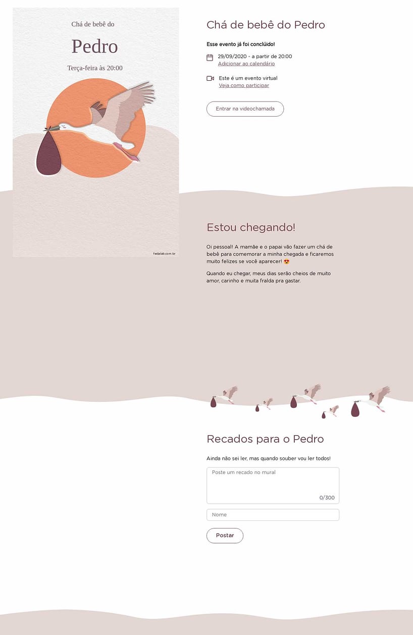 Convite Online Chá de bebê - Com amor, cegonha lilás | FestaLab