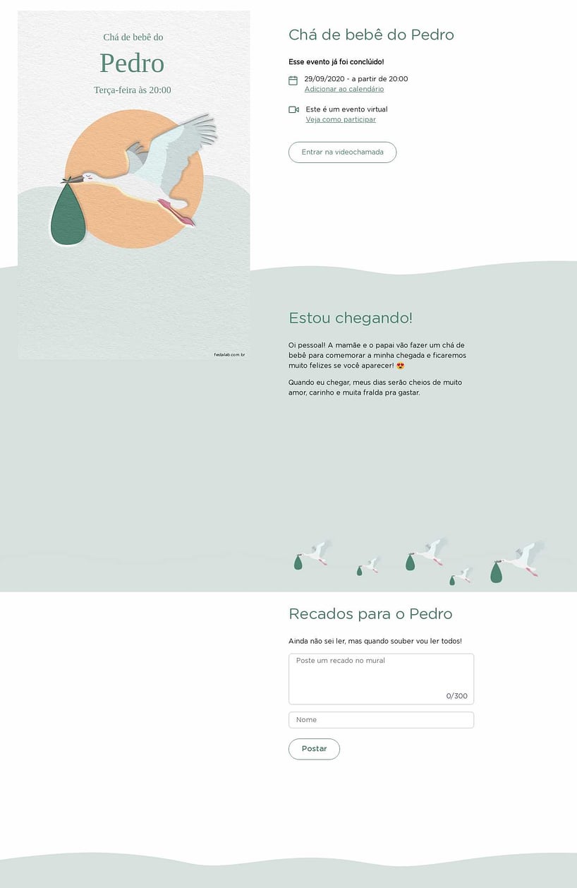 Convite Online Chá de bebê - Com amor, cegonha verde | FestaLab