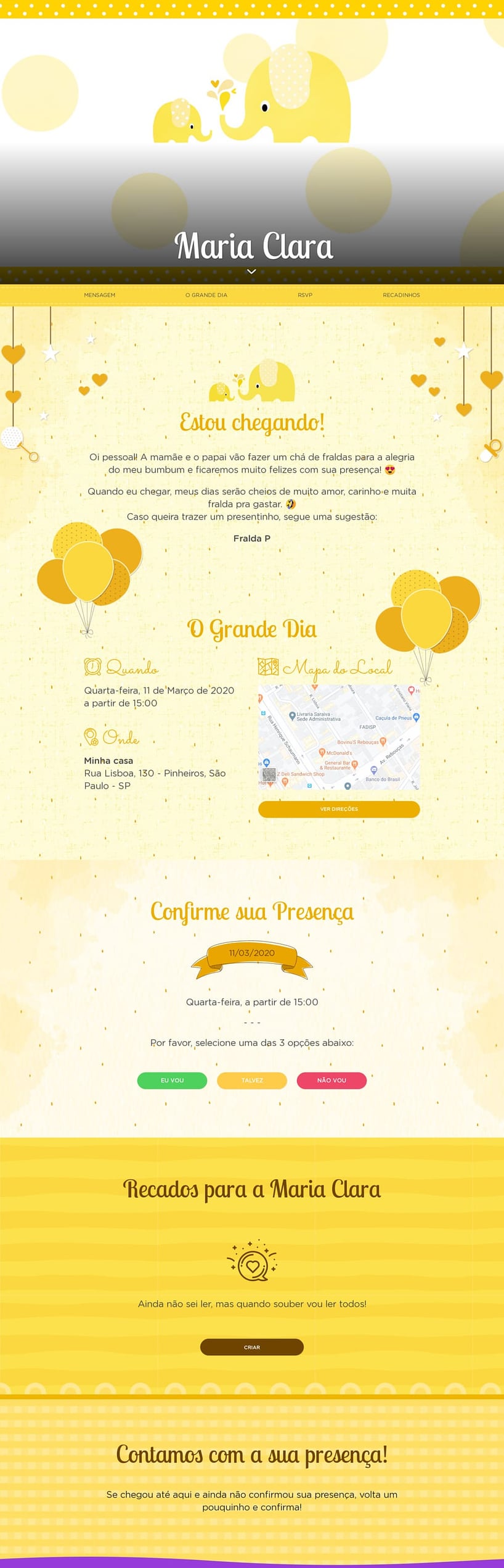Convite Online Chá de bebê - Elefantinho de Bolinhas: Amarelo | FestaLab