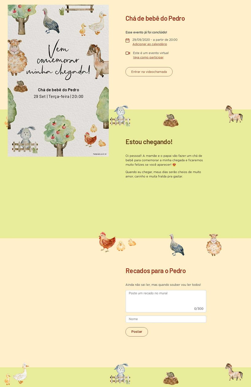 Convite Online Chá de bebê - Fazendinha com Animais | FestaLab