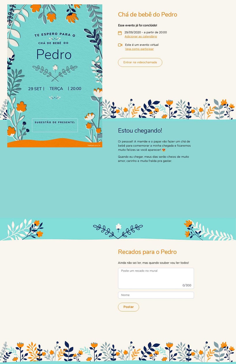 Convite Online Chá de bebê - Floral Azul e Laranja | FestaLab