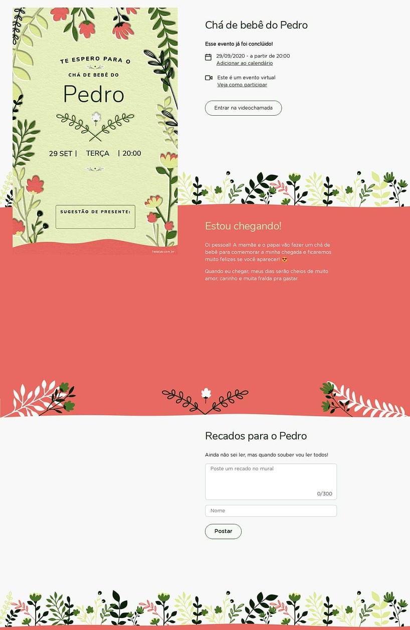 Convite Online Chá de bebê - Floral verde e rosa | FestaLab