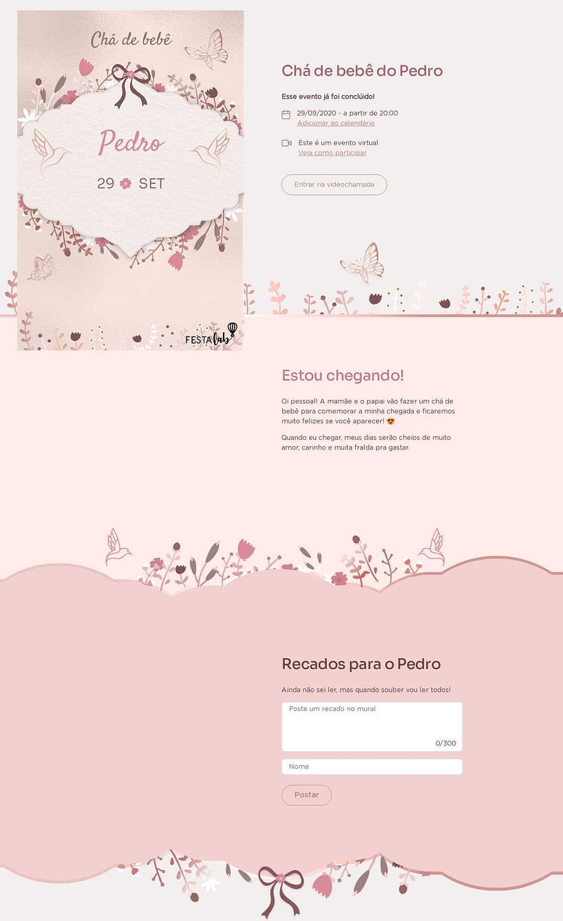 Convite Online Chá de bebê - Jardim dos Beija-flores | FestaLab