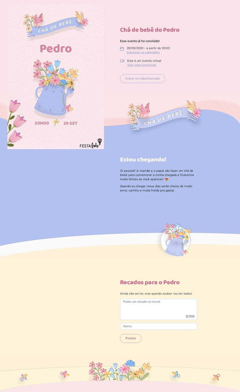 Convite Online Chá de bebê - Regador com Flores | FestaLab