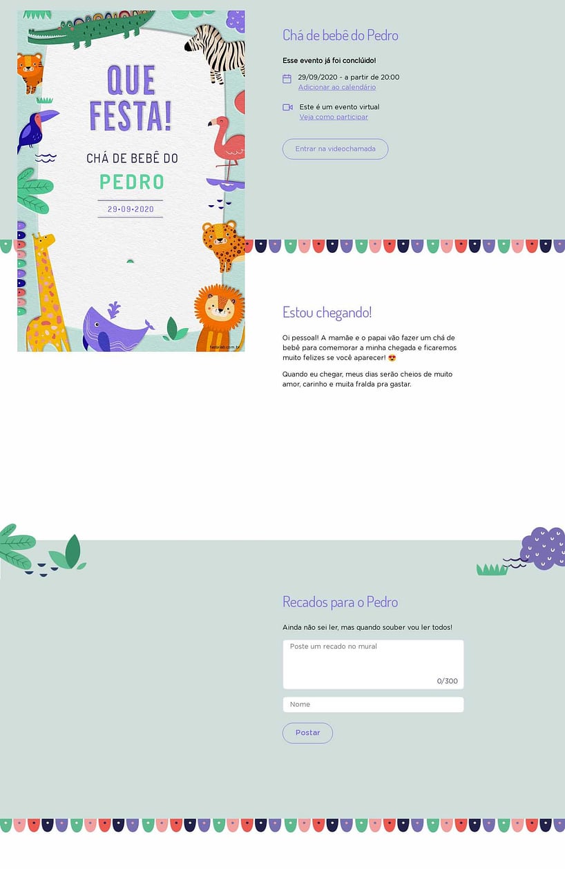 Convite Online Chá de bebê - Safari Baby Colorido com Roxo | FestaLab