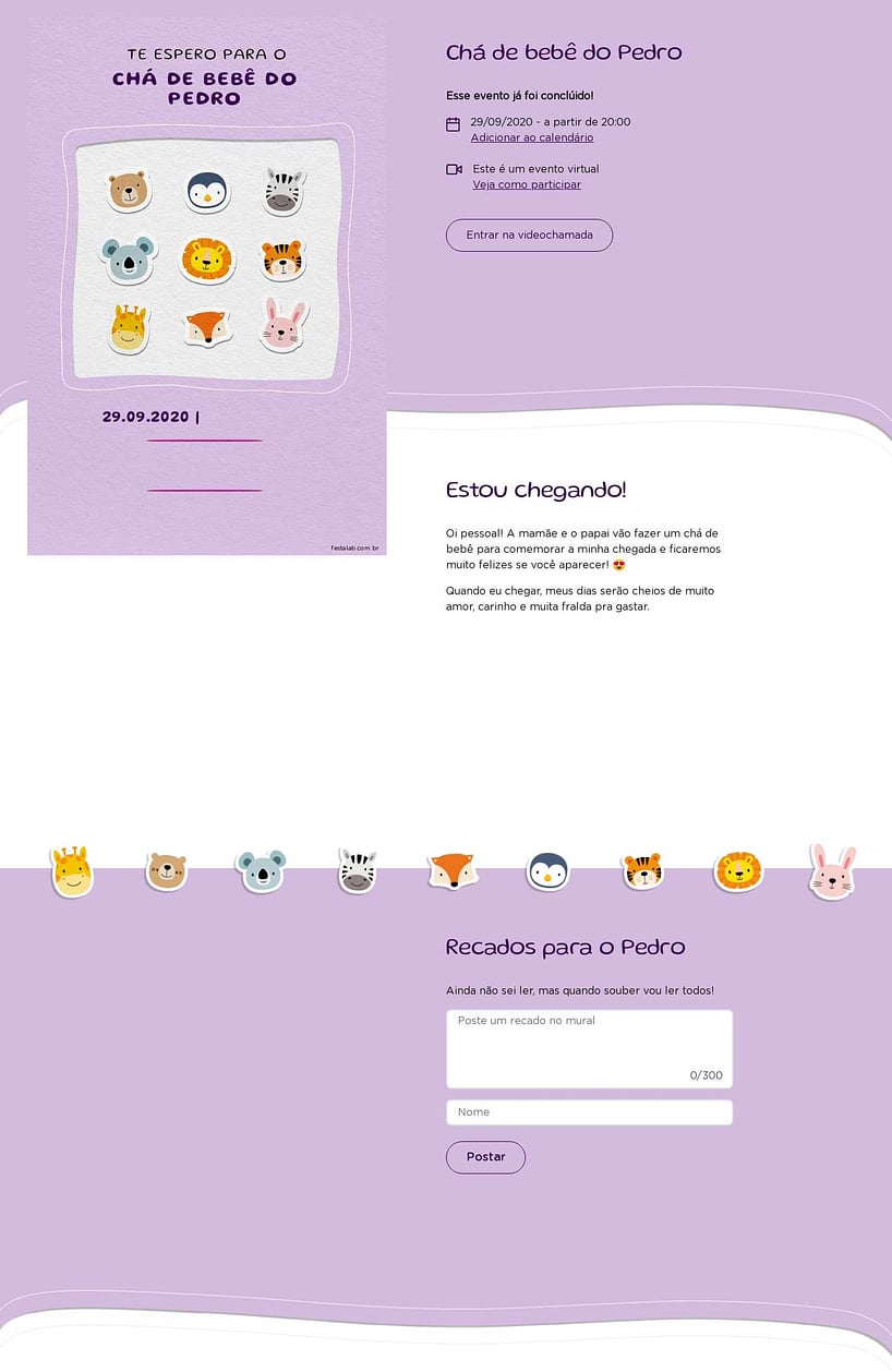 Convite Online Chá de bebê - Safari Baby lilas | FestaLab