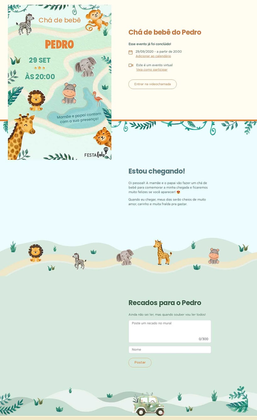 Convite Online Chá de bebê - Safari dos Bichinhos | FestaLab