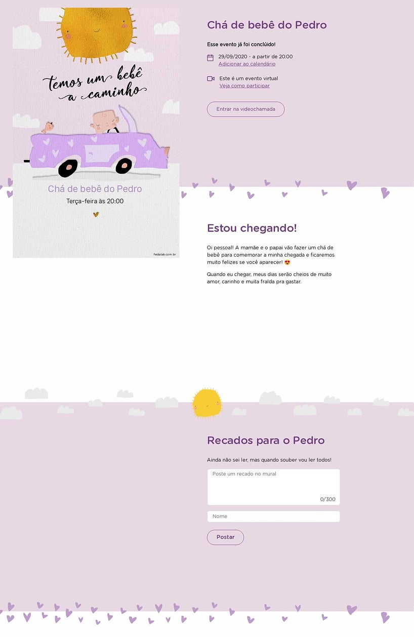 Convite Online Chá de bebê - Solzinho lilás e aquarela | FestaLab