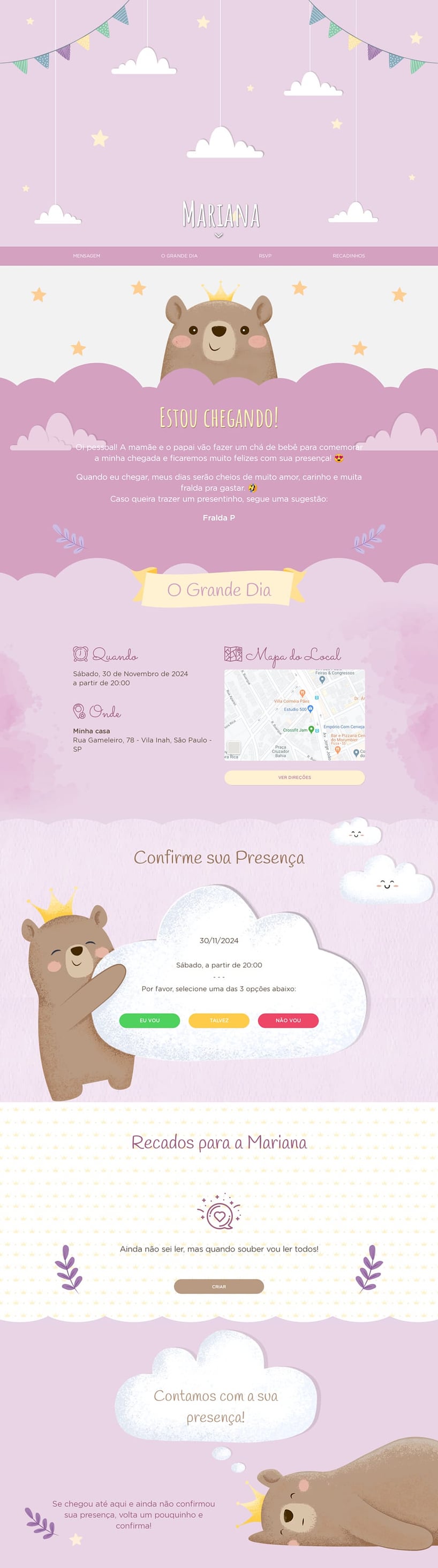Convite Online Chá de bebê - Ursinha Princesa | FestaLab