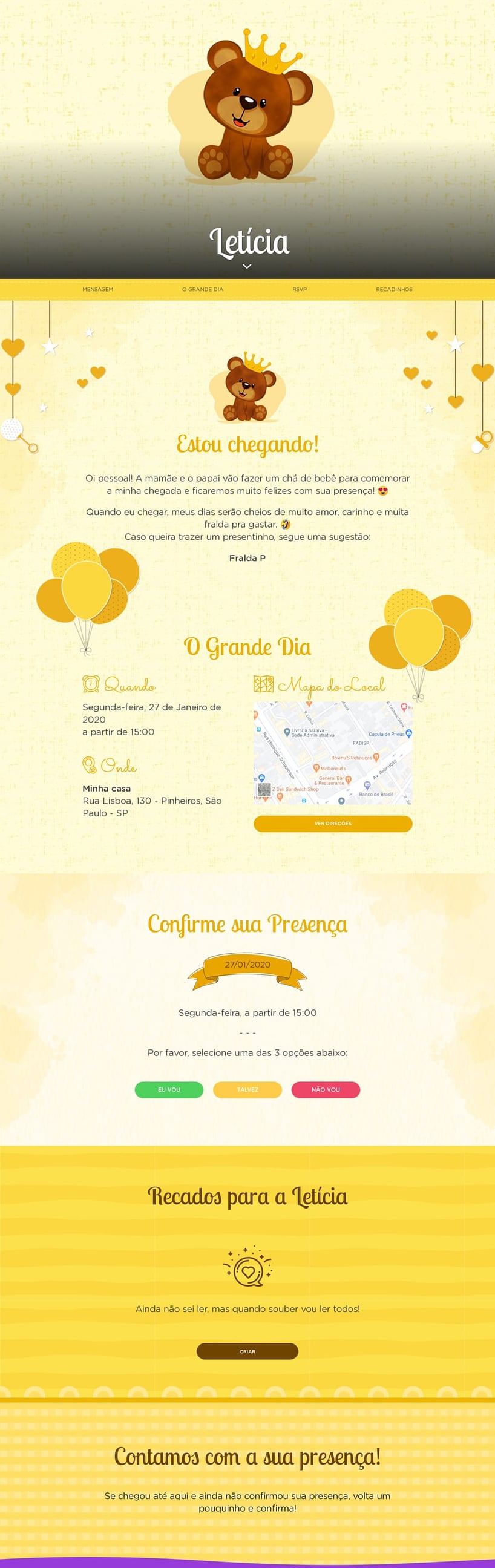 Convite Online Chá de bebê - Ursinho amarelo | FestaLab
