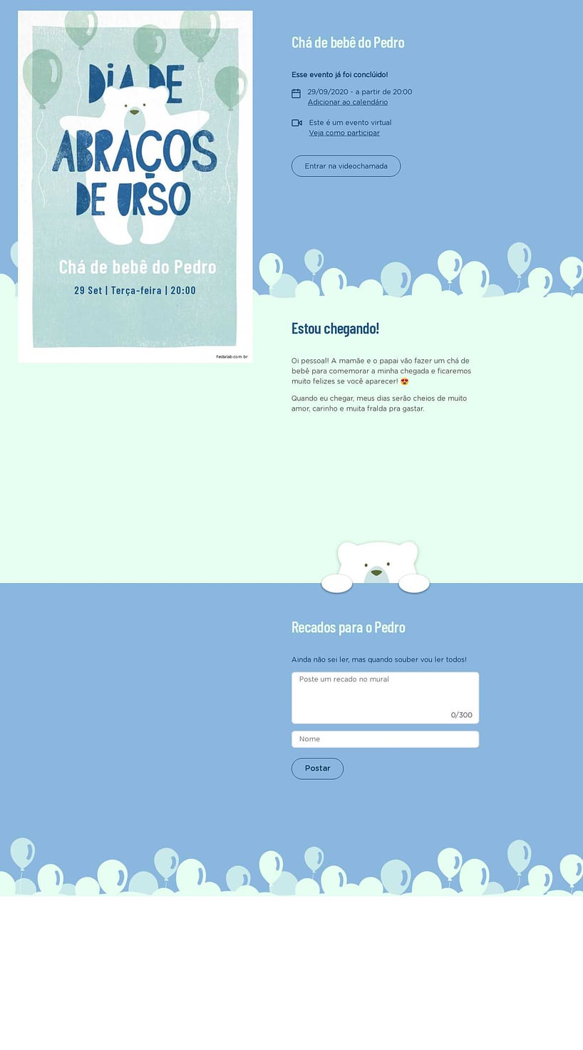 Convite Online Chá de bebê - Ursinho Com Balões Azul | FestaLab