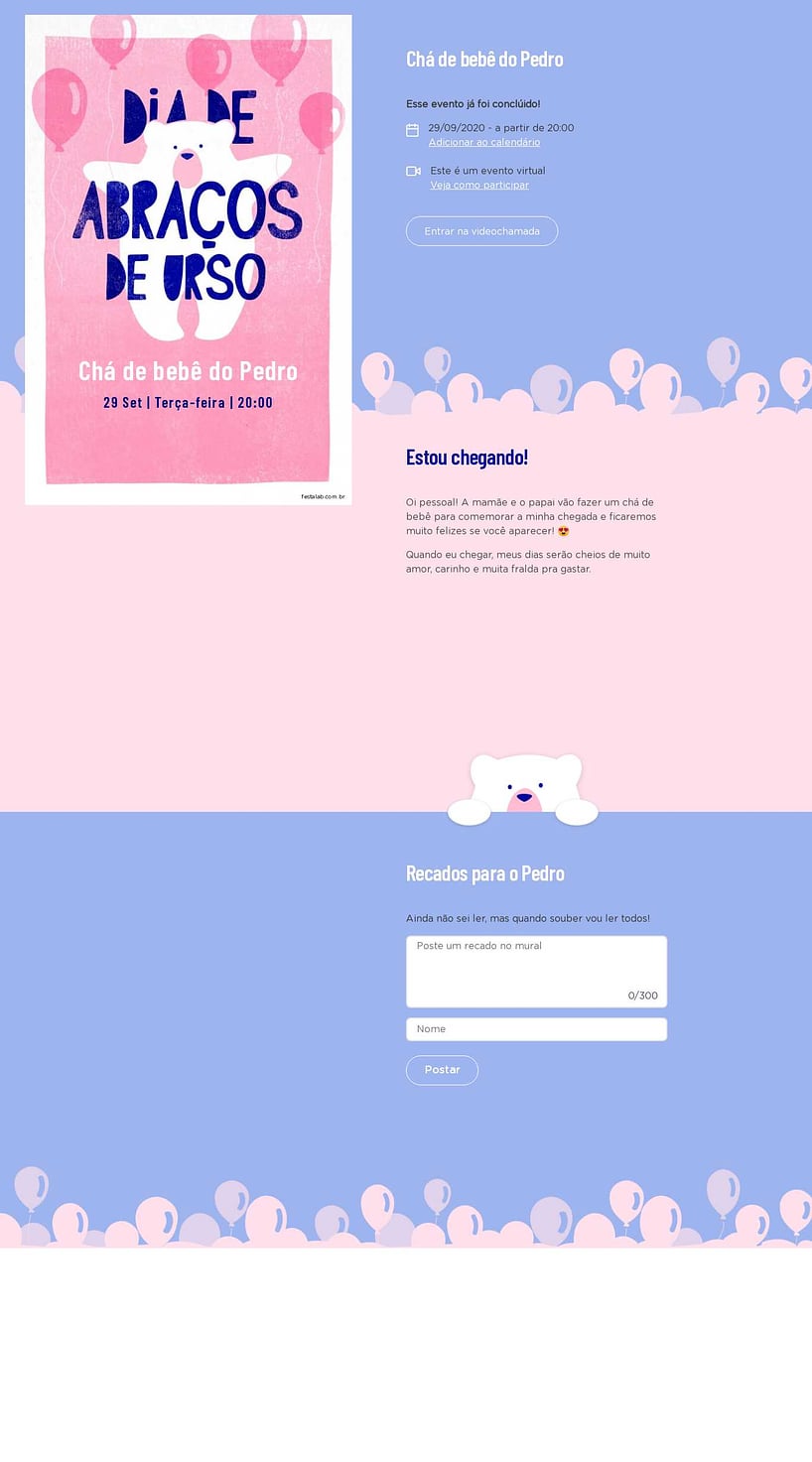 Convite Online Chá de bebê - Ursinho com balões Rosa | FestaLab