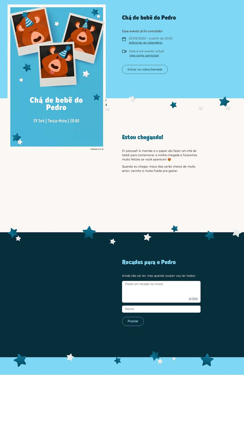 Convite Online Chá de bebê - Ursinho Festa Azul | FestaLab