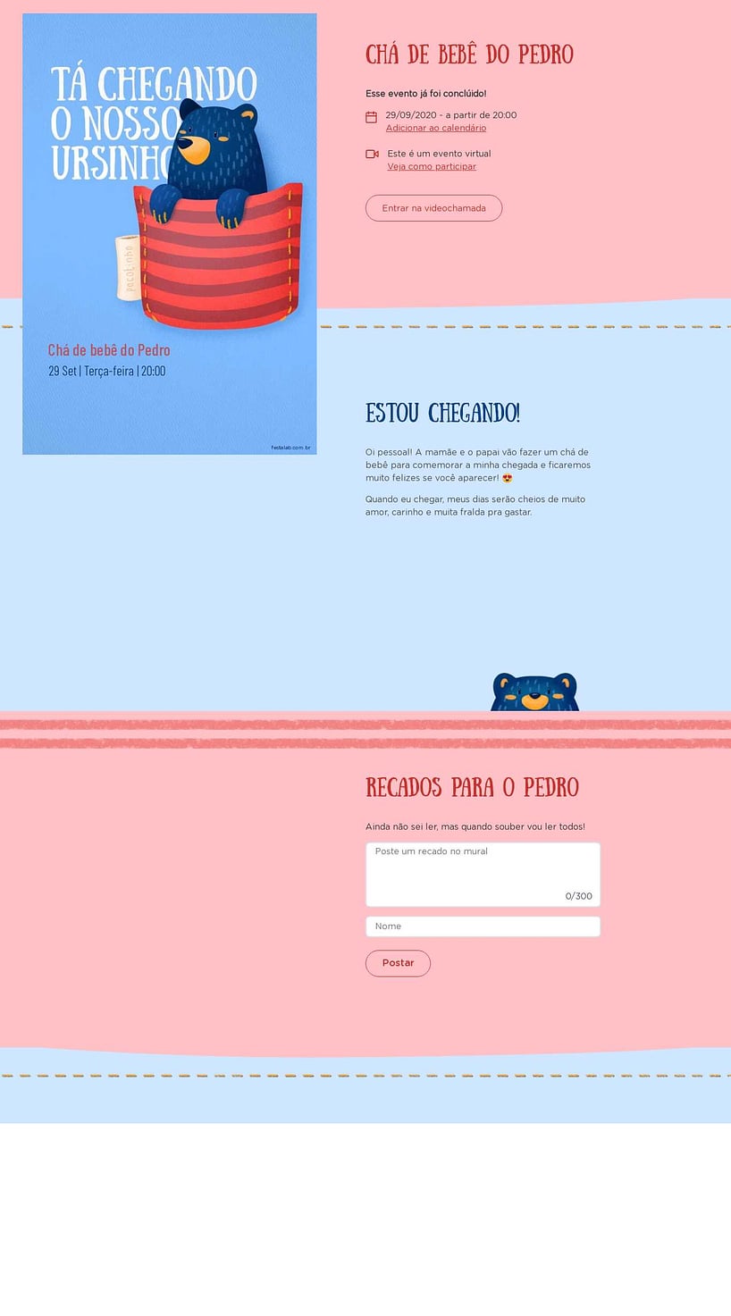 Convite Online Chá de bebê - Ursinho no Bolsinho vermelho | FestaLab