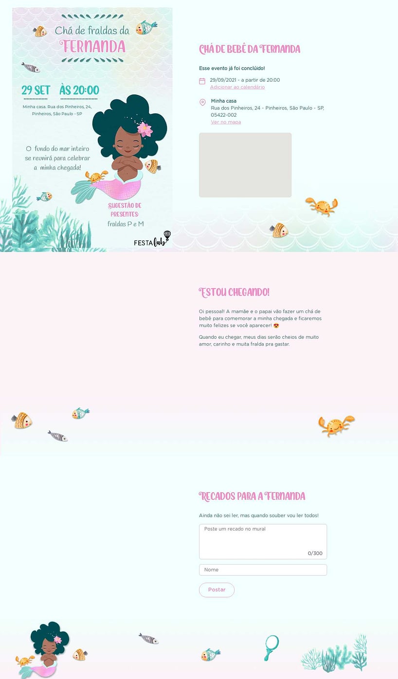 Convite Online Chá de fraldas - Bebê Sereia Delicada | FestaLab