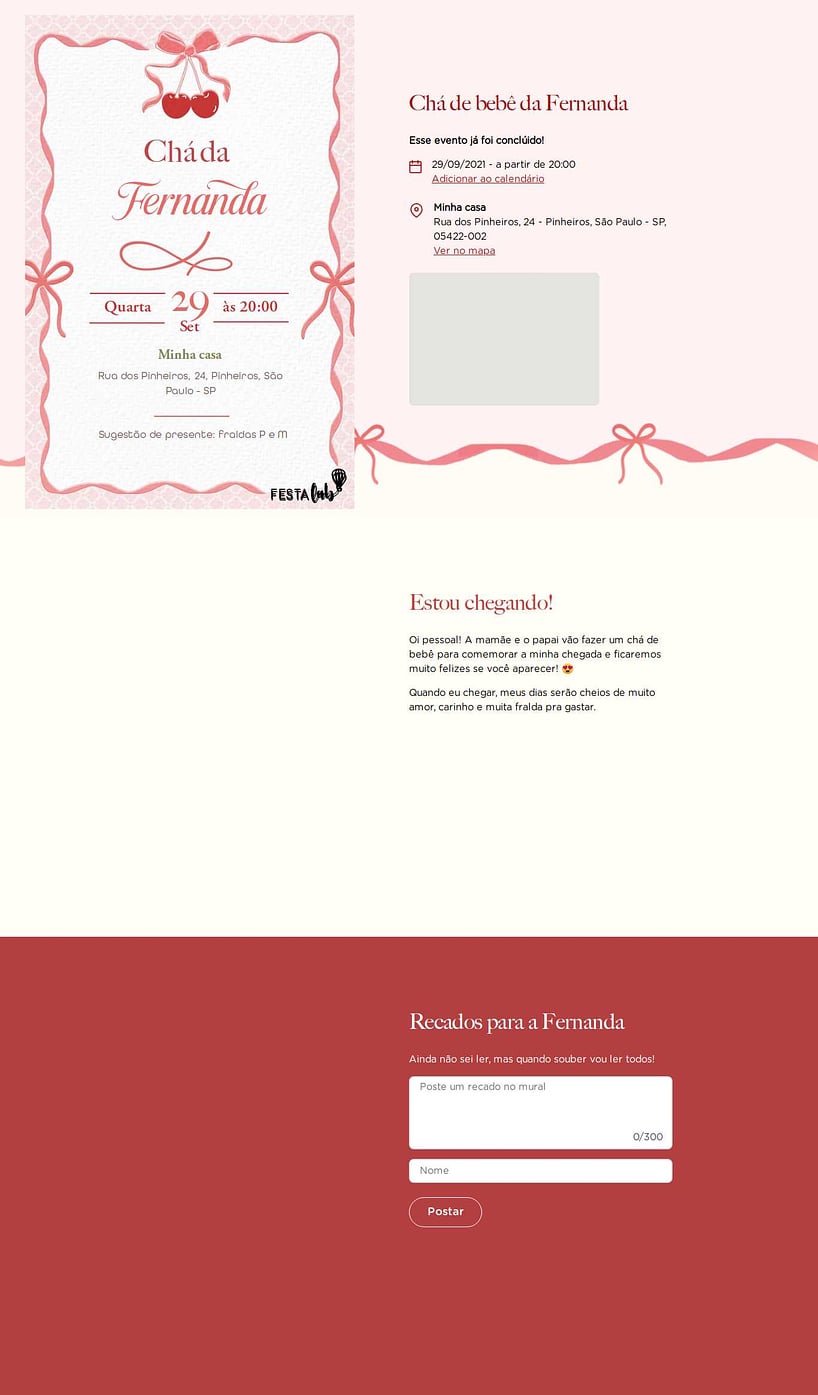 Convite Online Chá de fraldas - Cereja com laço | FestaLab