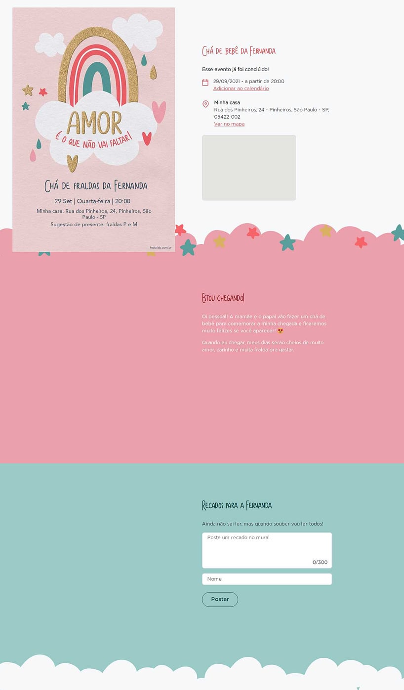 Convite Online Chá de fraldas - Chuva de Amor Céu Rosa | FestaLab