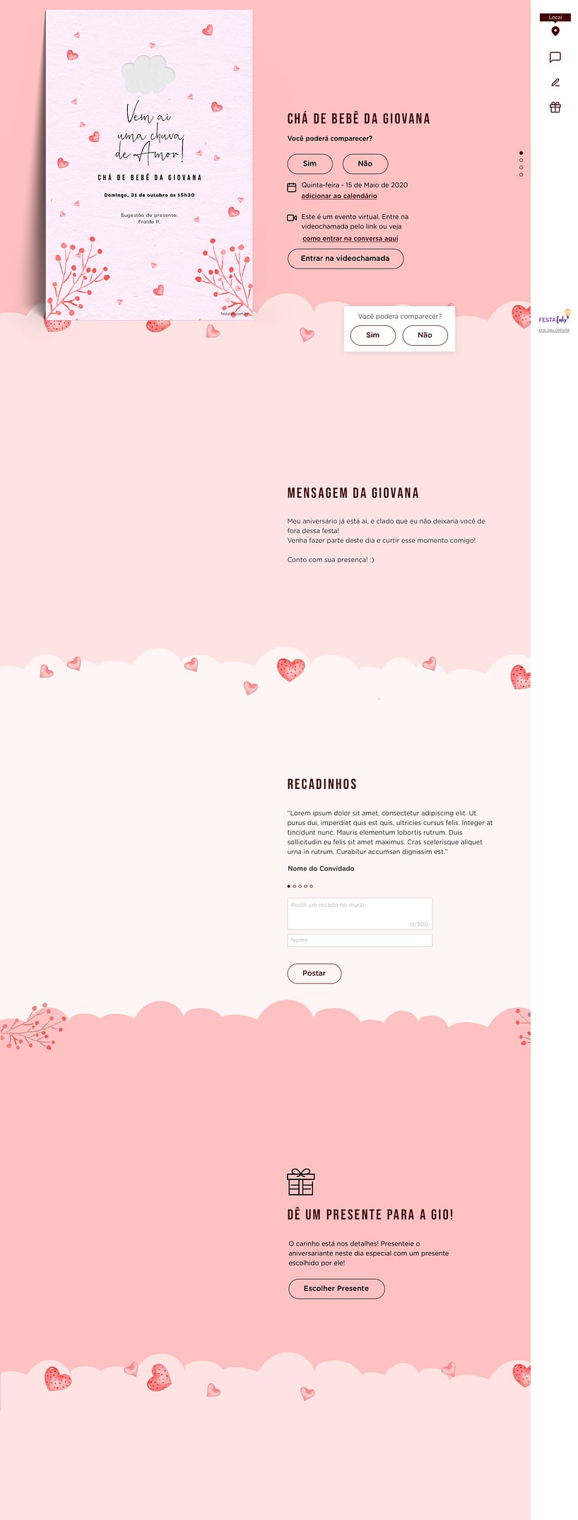 Convite Online Chá de fraldas - Chuva de Amor Rosa Chiclete | FestaLab