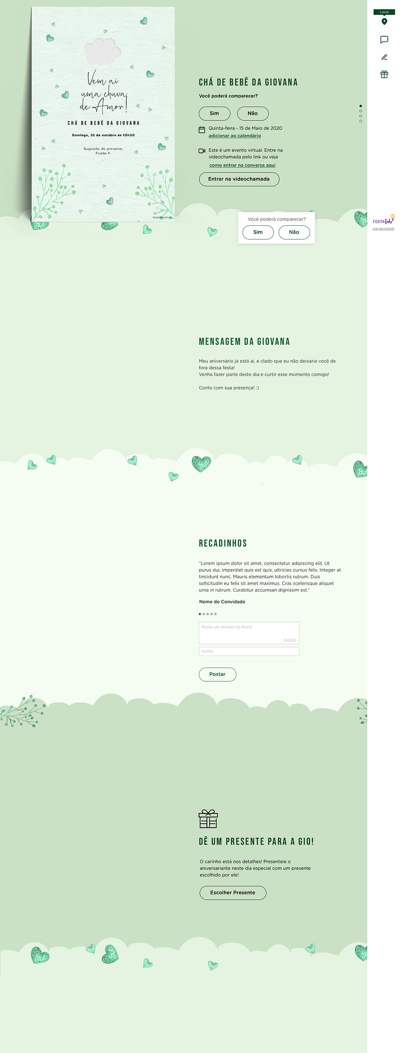 Convite Online Chá de fraldas - Chuva de Amor Verde Água | FestaLab