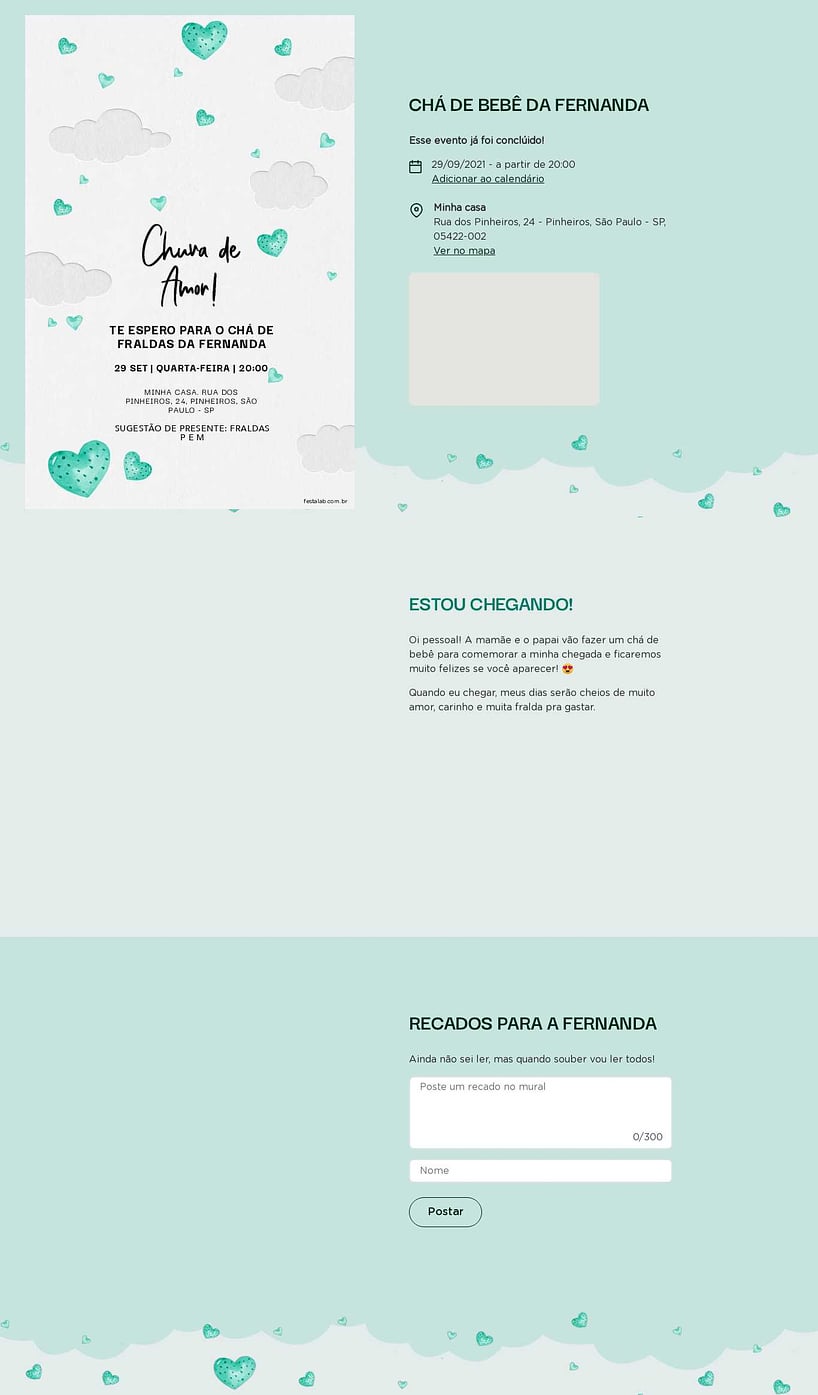 Convite Online Chá de fraldas - Chuva de Corações | FestaLab
