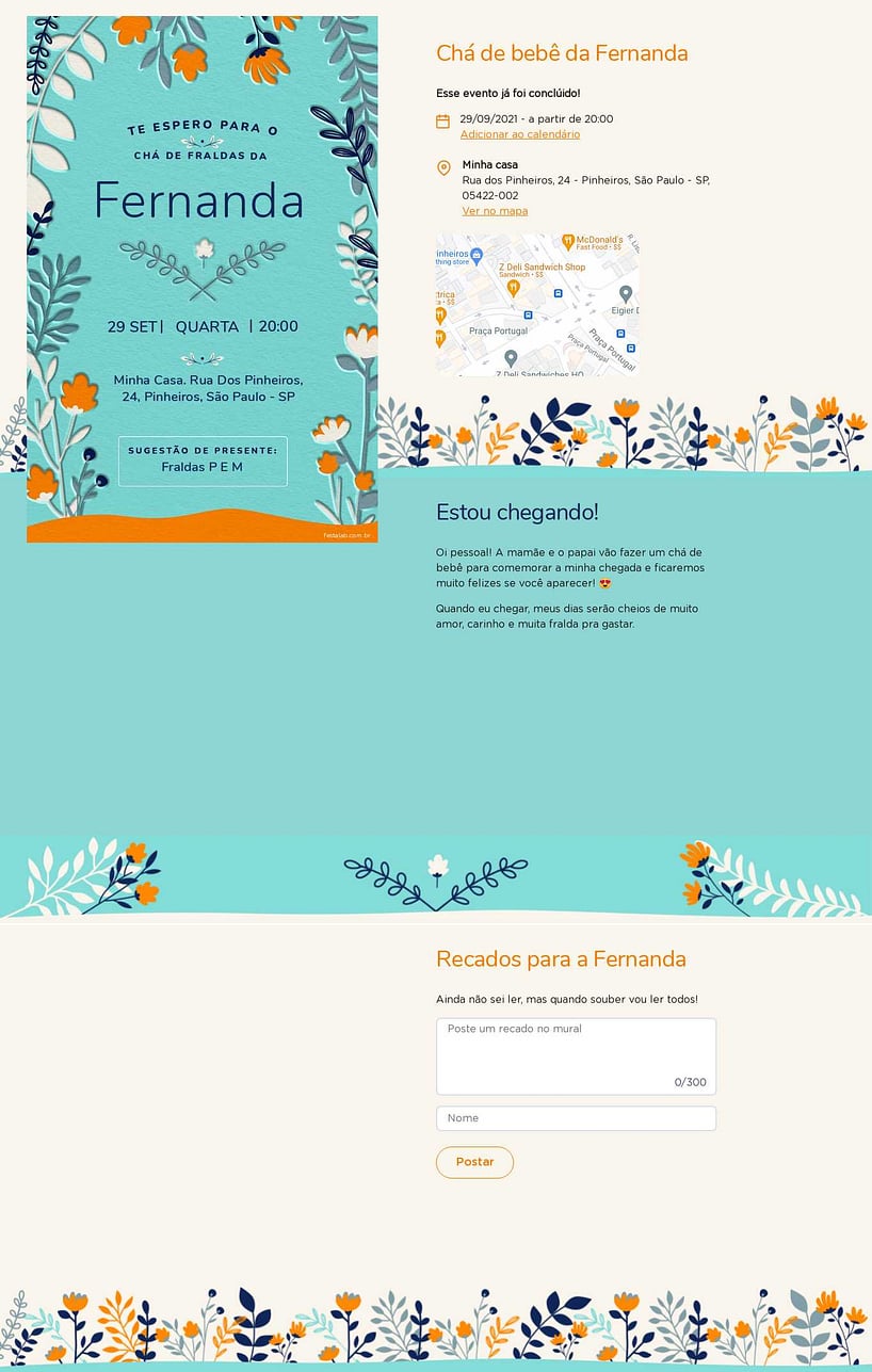Convite Online Chá de fraldas - Floral Azul e Laranja | FestaLab