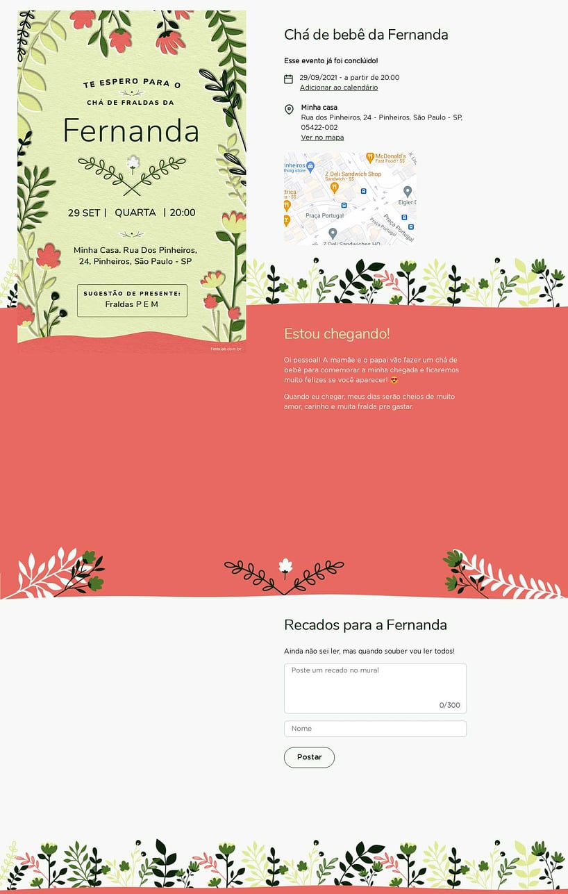 Convite Online Chá de fraldas - Floral verde e rosa | FestaLab