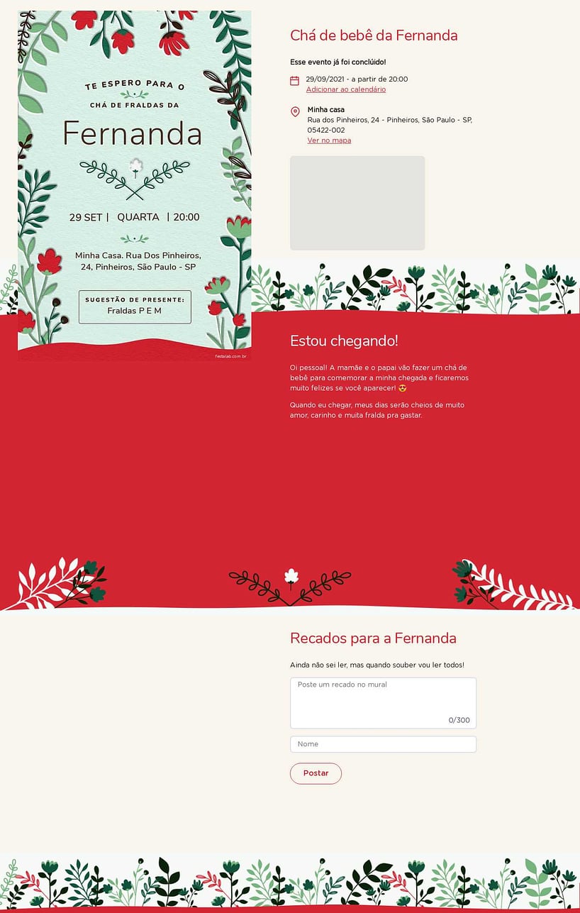 Convite Online Chá de fraldas - Floral verde e vermelho | FestaLab