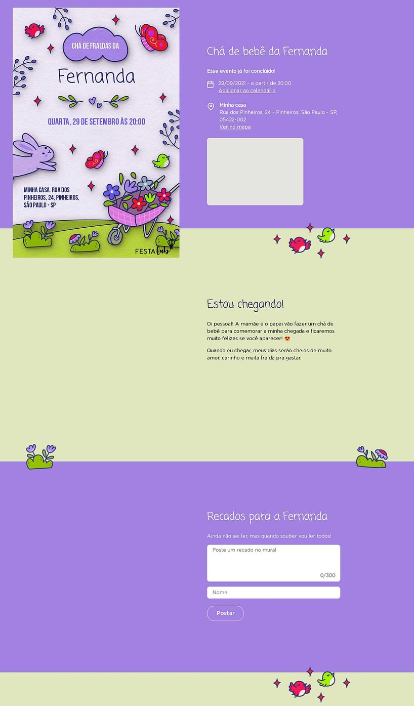 Convite Online Chá de fraldas - No Reino das Flores: Lilás | FestaLab