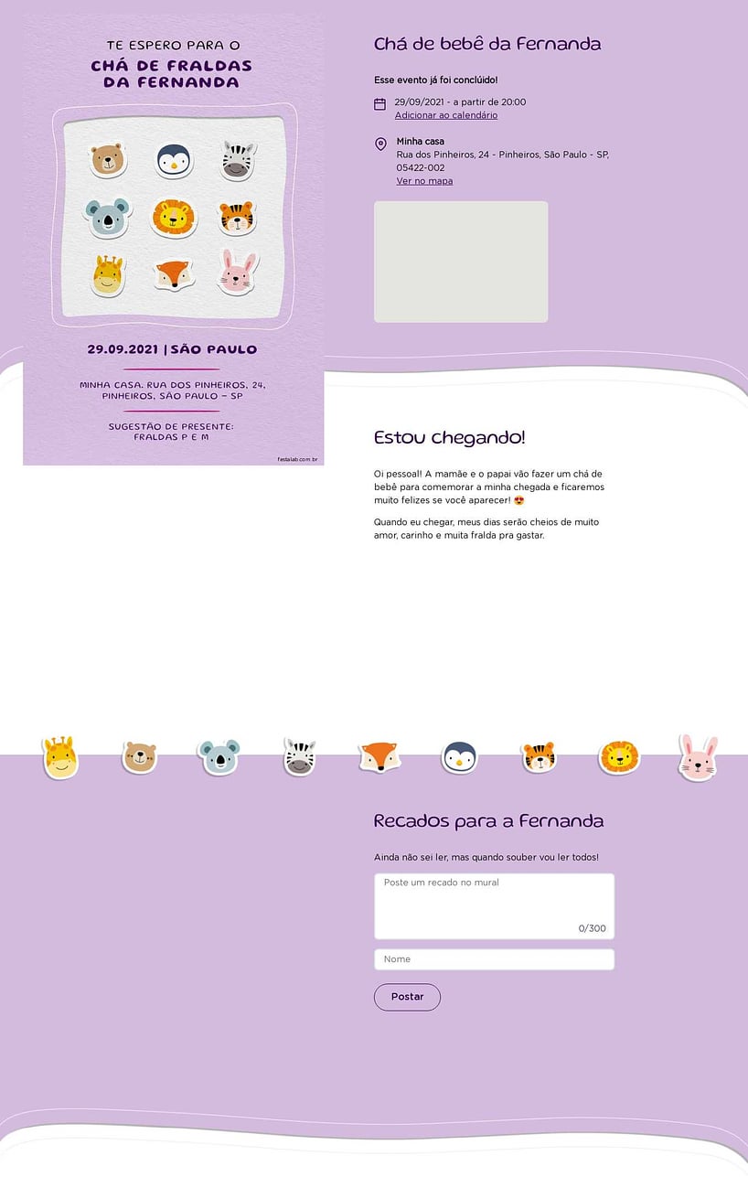 Convite Online Chá de fraldas - Safari Baby lilas | FestaLab