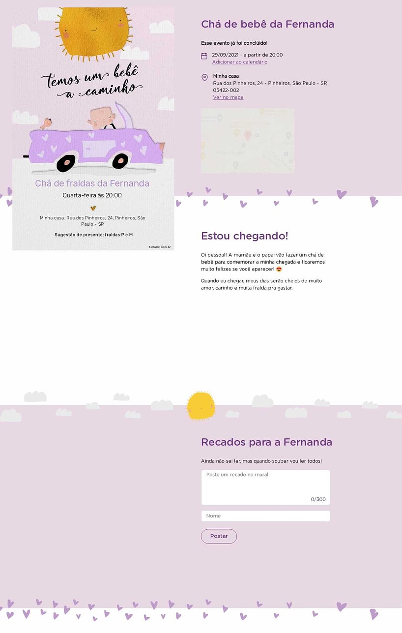Convite Online Chá de fraldas - Solzinho lilás e aquarela | FestaLab