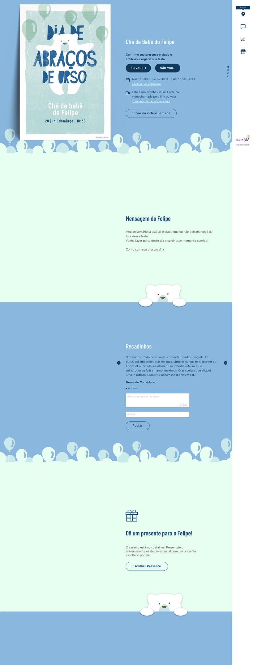 Convite Online Chá de fraldas - Ursinho Com Balões Azul | FestaLab