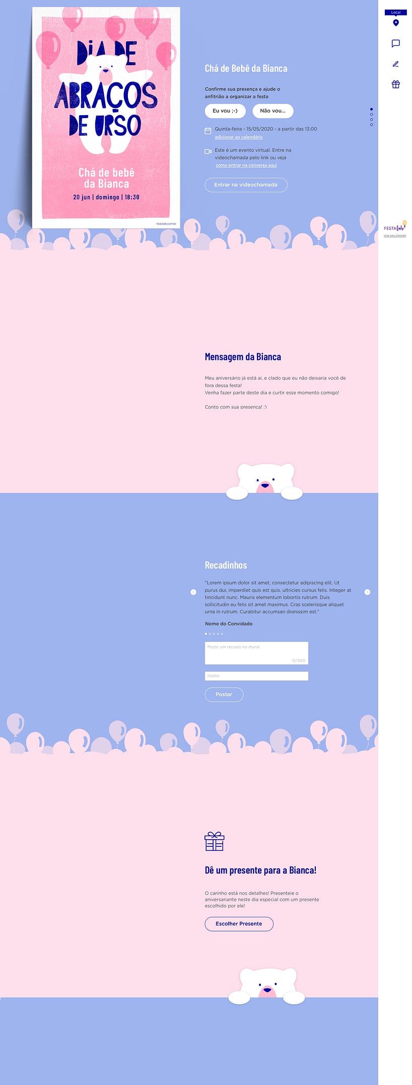Convite Online Chá de fraldas - Ursinho com balões Rosa | FestaLab
