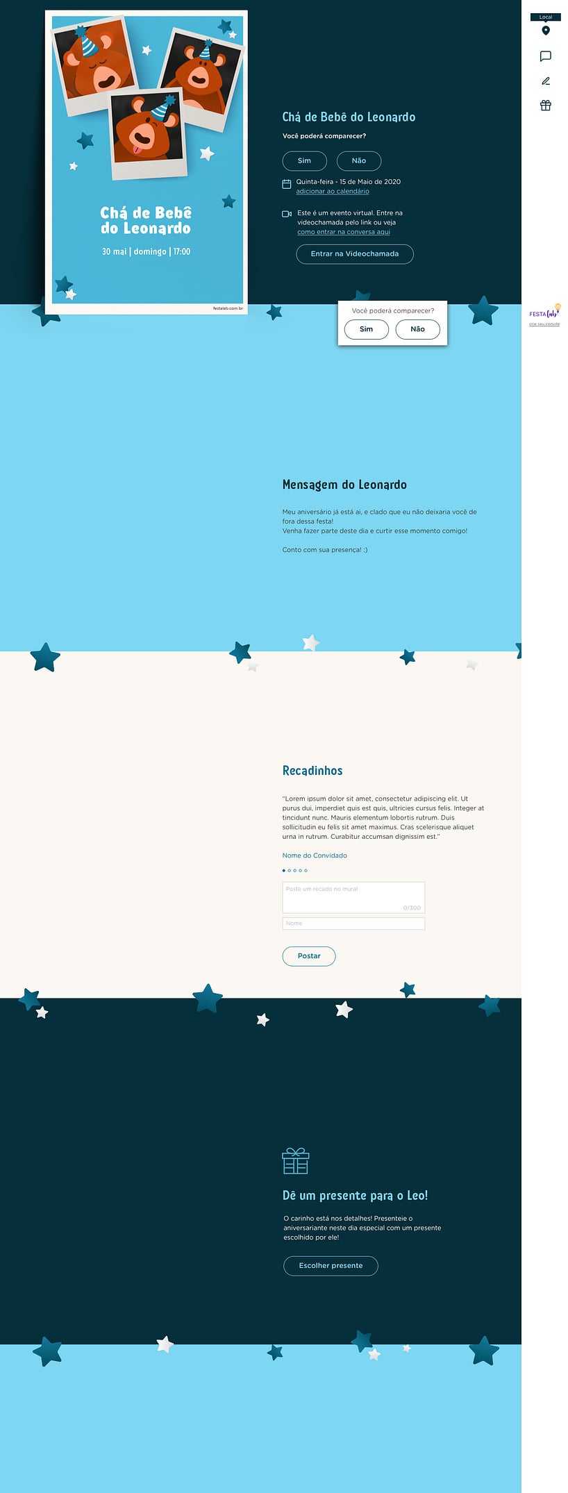 Convite Online Chá de fraldas - Ursinho Festa Azul | FestaLab