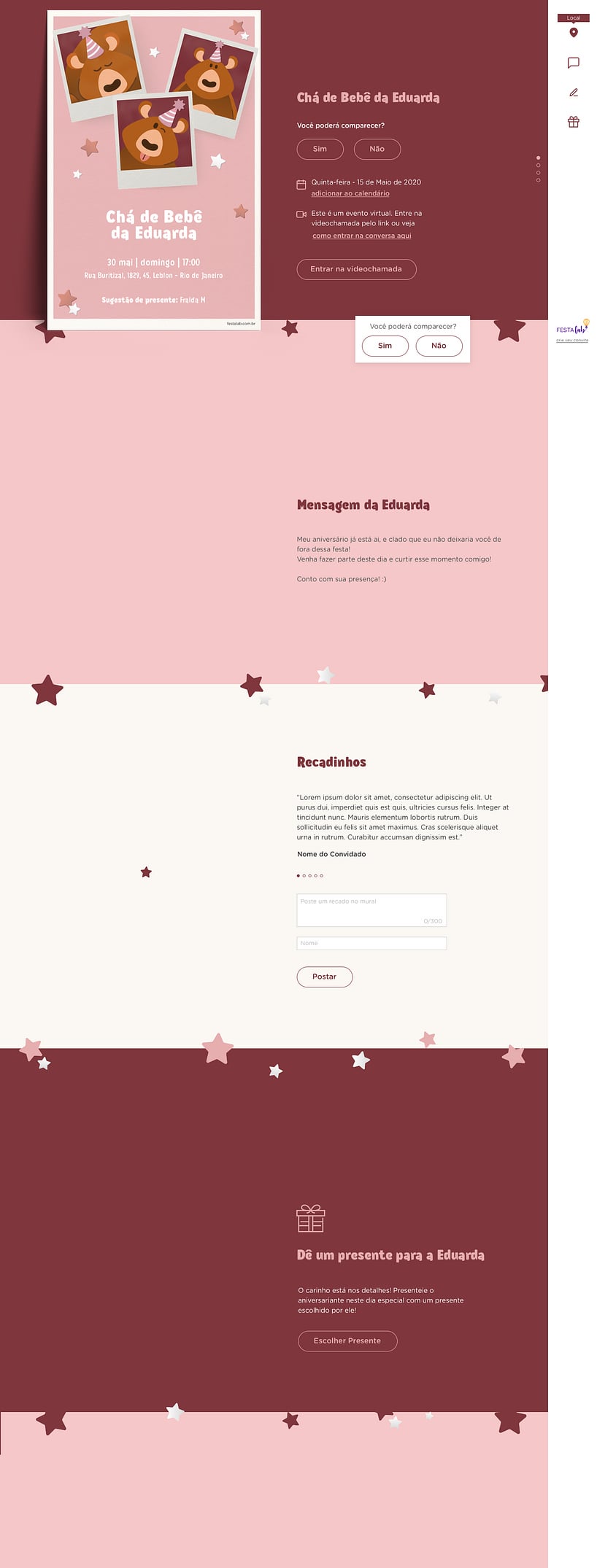 Convite Online Chá de fraldas - Ursinho Festa Rosa | FestaLab