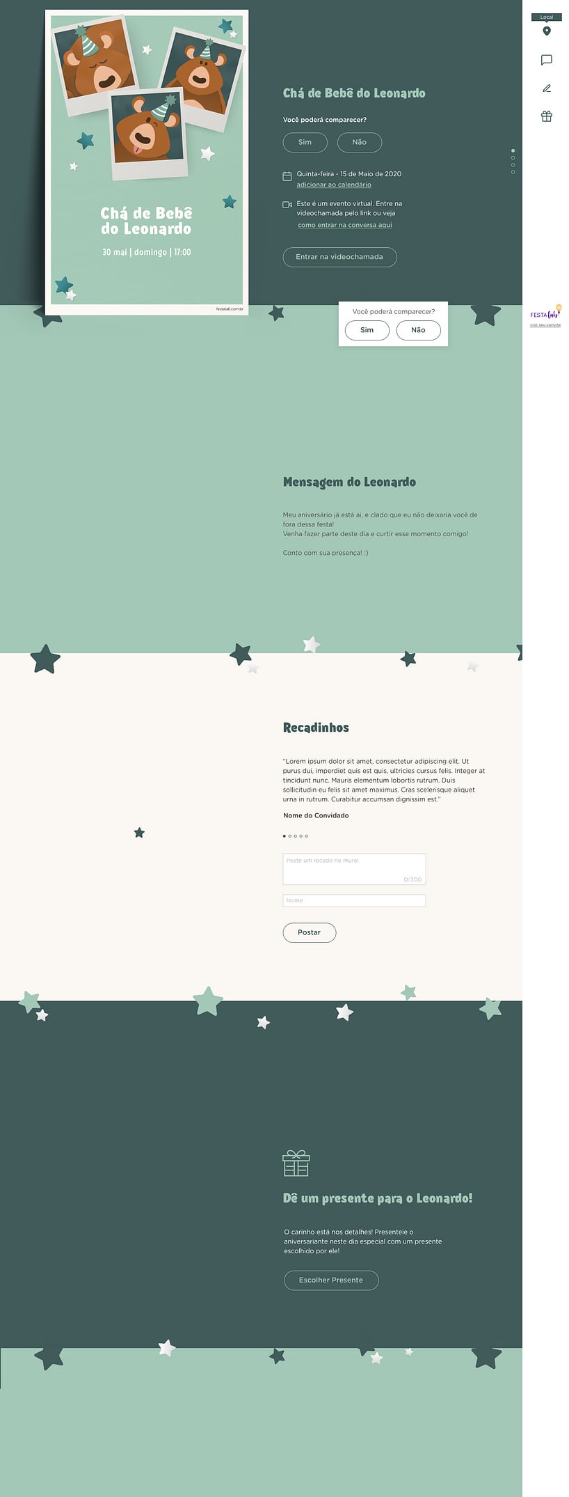 Convite Online Chá de fraldas - Ursinho Festa Verde | FestaLab