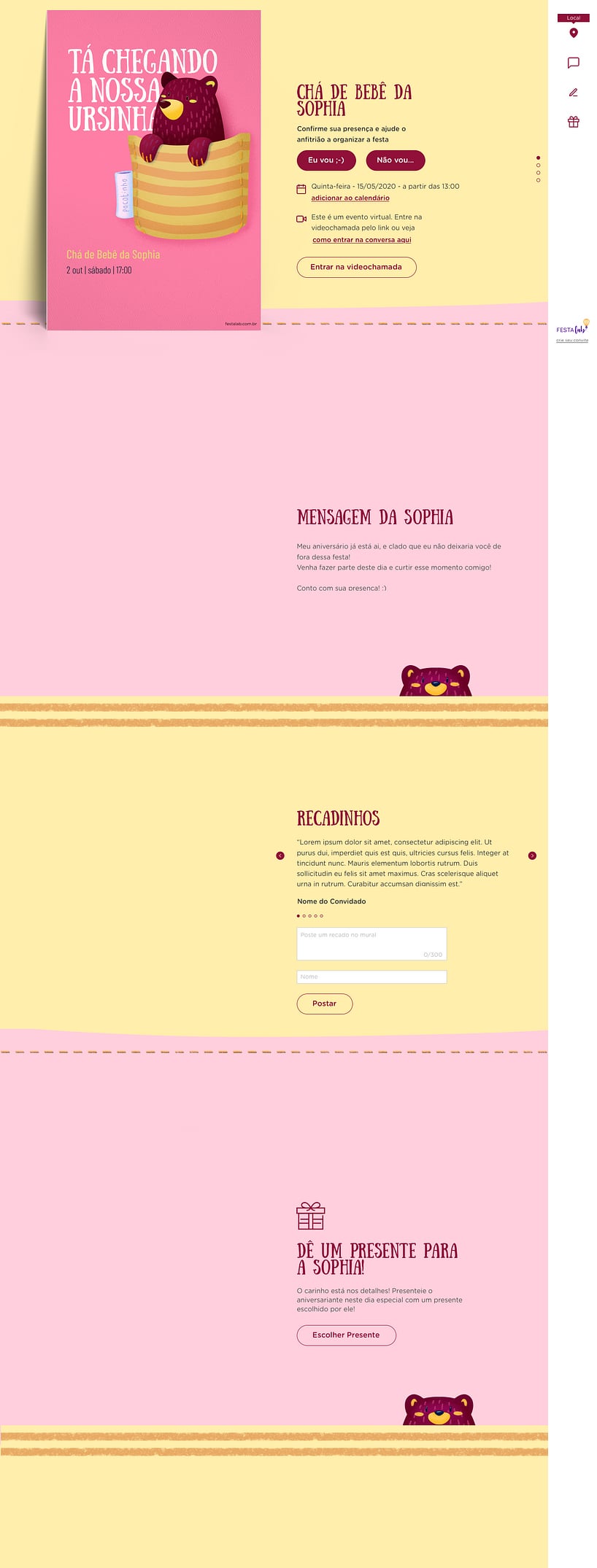 Convite Online Chá de fraldas - Ursinho no Bolsinho Amarelo | FestaLab
