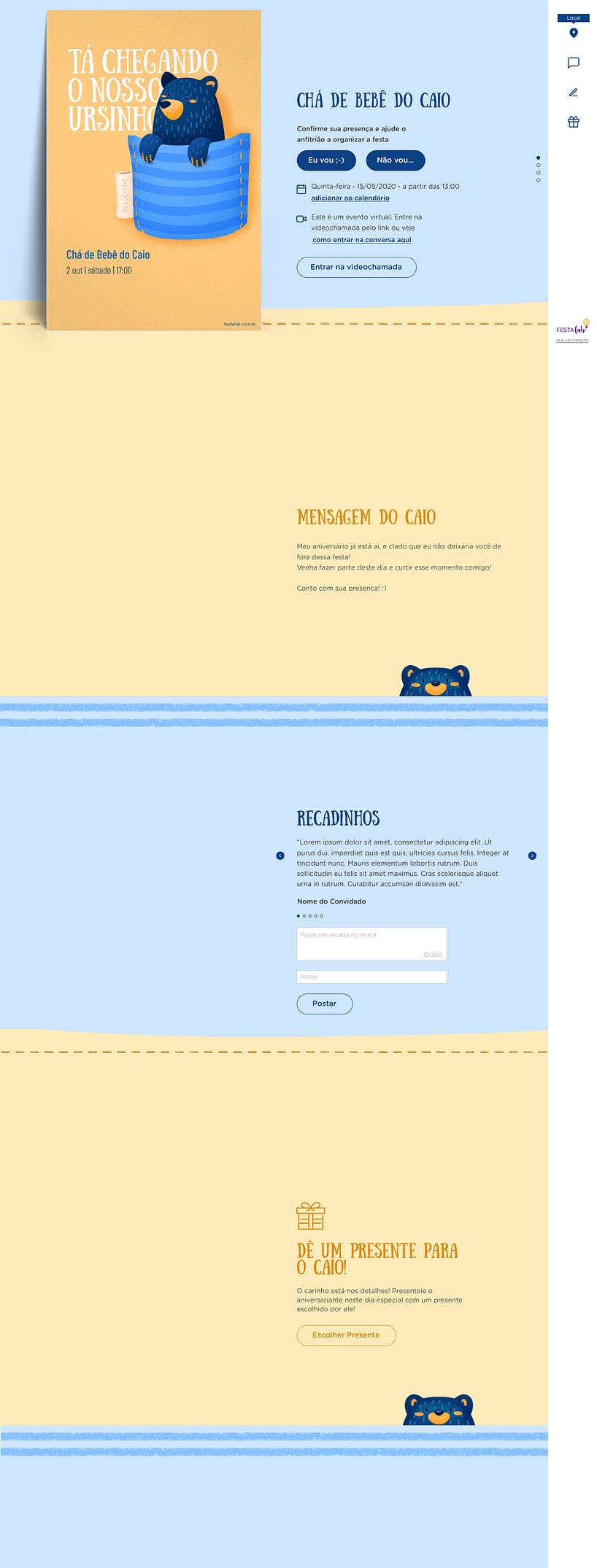 Convite Online Chá de fraldas - Ursinho no Bolsinho azul | FestaLab