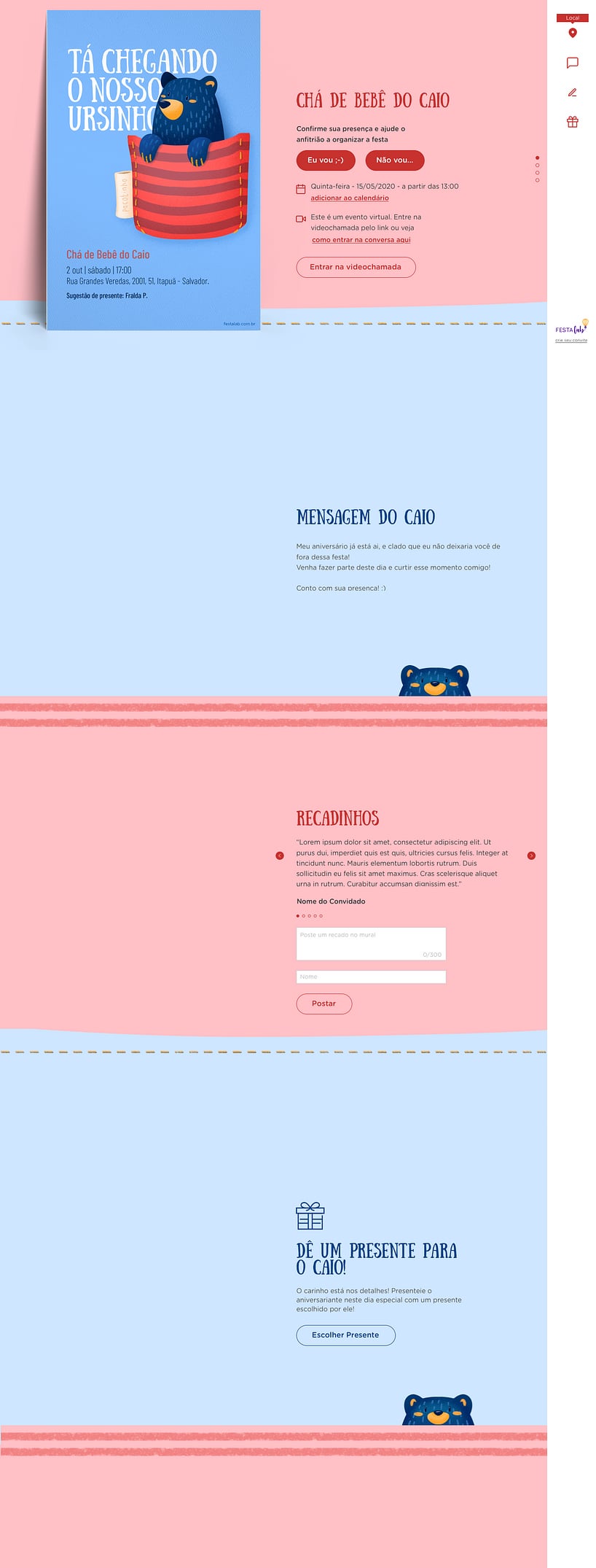 Convite Online Chá de fraldas - Ursinho no Bolsinho vermelho | FestaLab