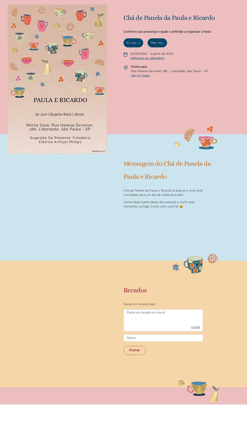 Criar convite online chá de panelas - Panelas Rosa| FestaLab