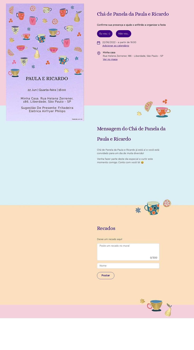 Criar convite online chá de panelas - Panelas Roxo| FestaLab