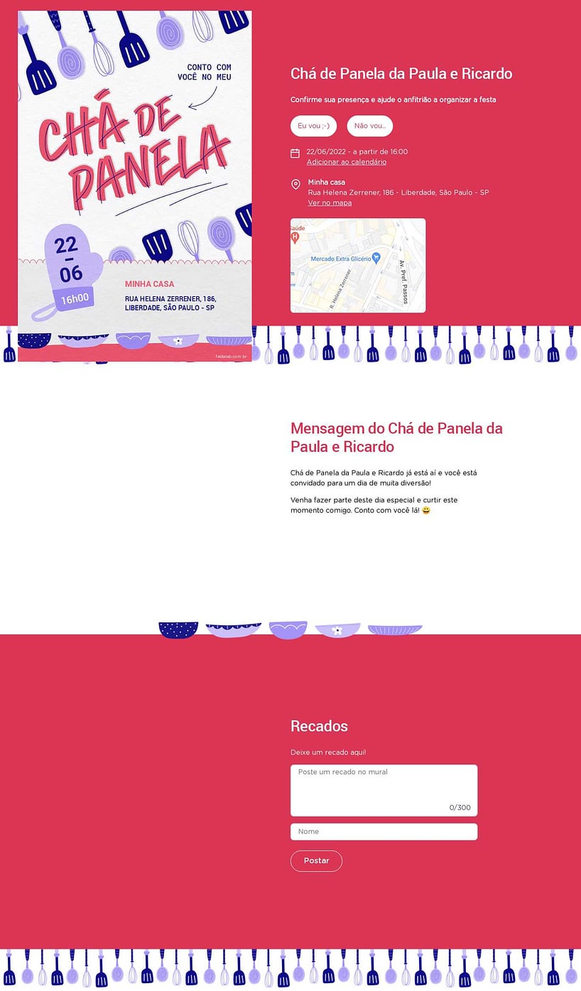 Criar convite online chá de panelas - Utensilios Lilas| FestaLab