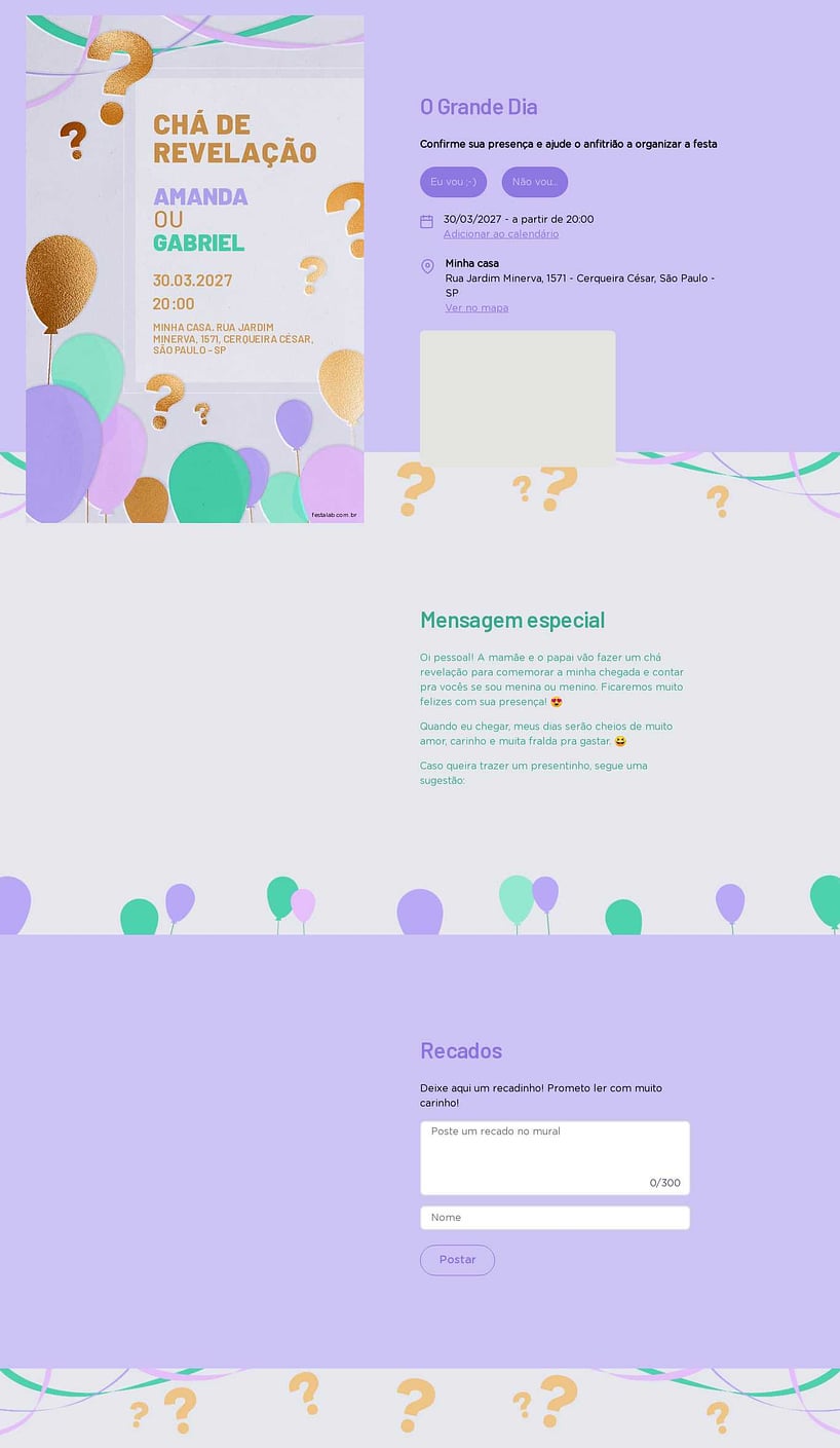 Convite Online Chá revelação - Balões lilas | FestaLab