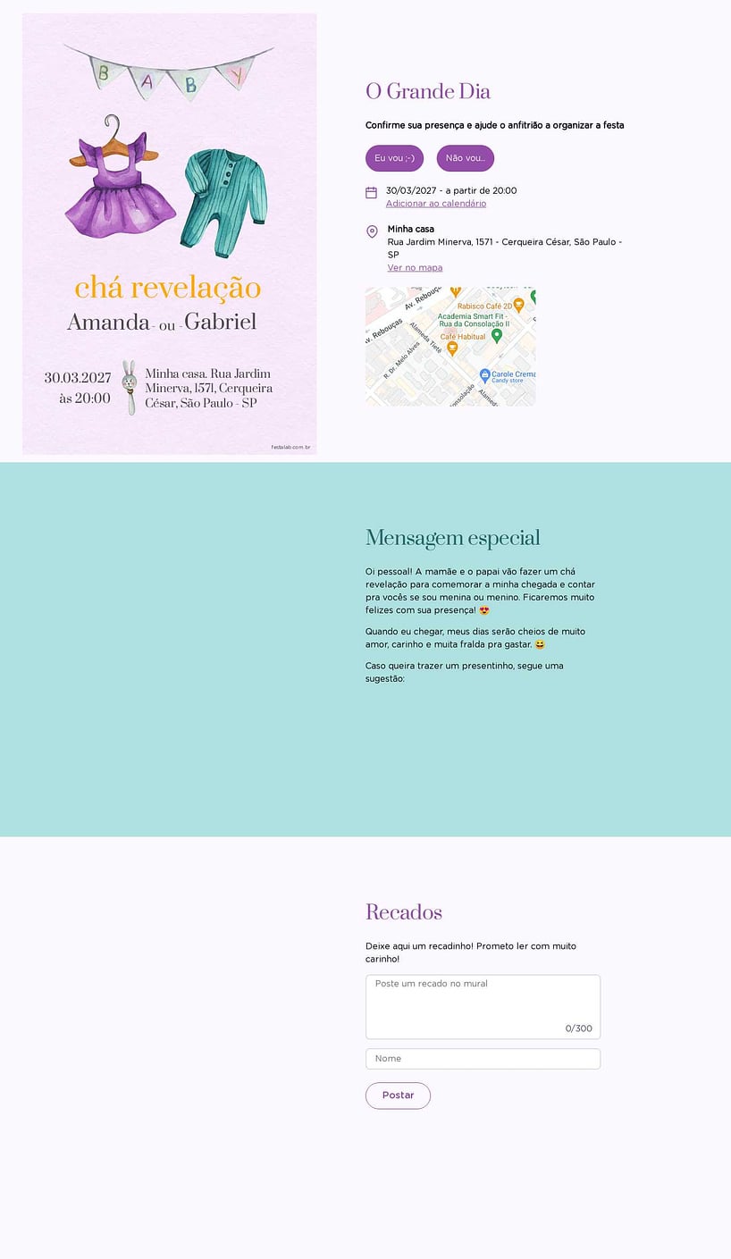 Convite Online Chá revelação - Bebê Lilás | FestaLab