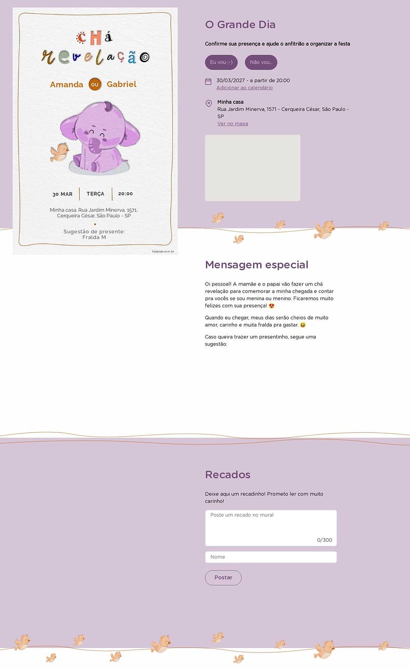 Convite Online Chá revelação - Elefantinho roxo | FestaLab