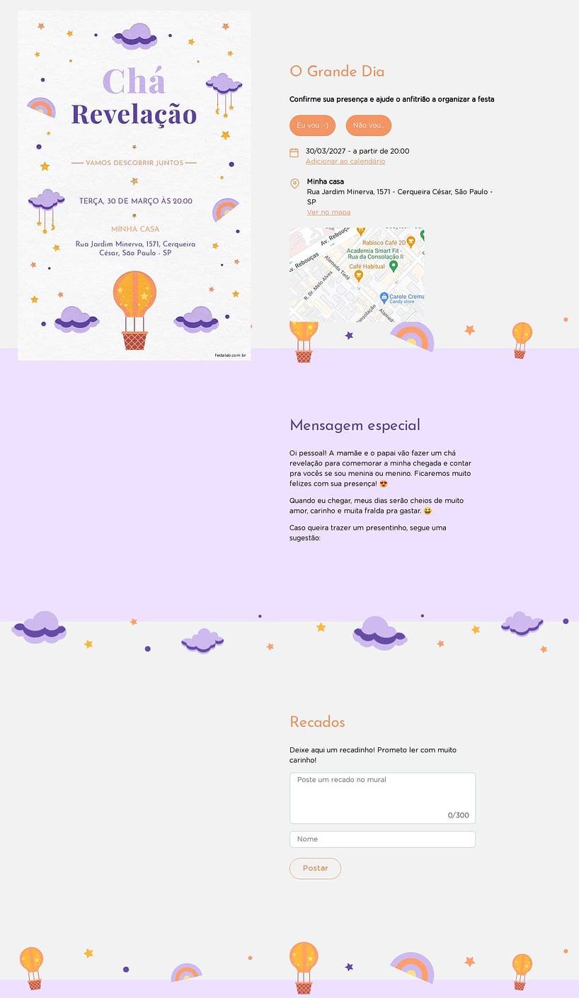 Convite Online Chá revelação - Nuvens lilas | FestaLab